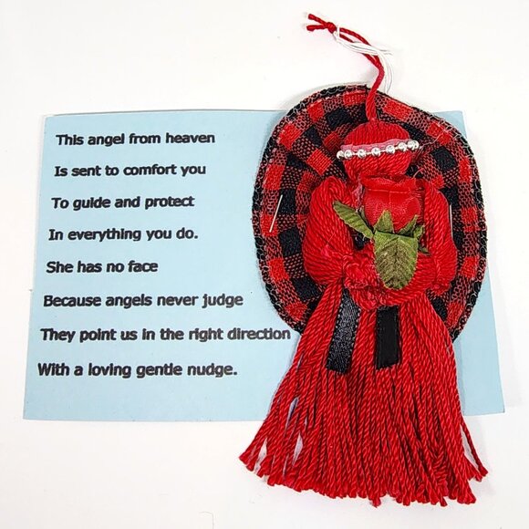 Handmade Red Black Yarn Angel Comfort Love Gift Christmas Holiday Ornament - Picture 3 of 4